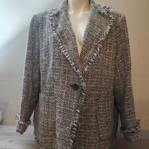 SILKLAND Black White Blazer Jacket Size 2X Tweed Fringe Trim  Button Front Lined